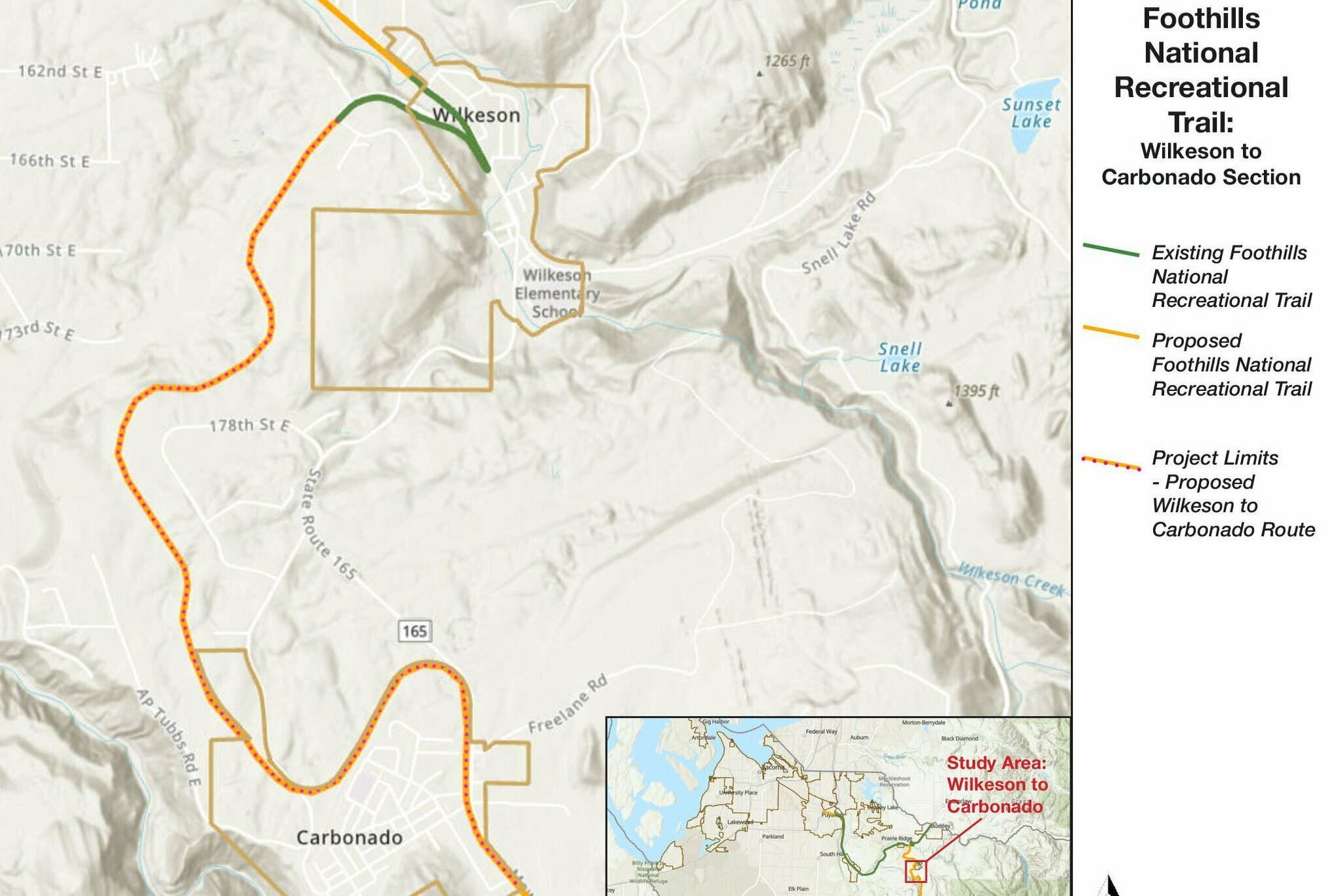 Image courtesy Pierce County
A map of the proposed Wilkeson-to-Carbonado section of the Foothills Trail that will eventually lead to Mount Rainier.