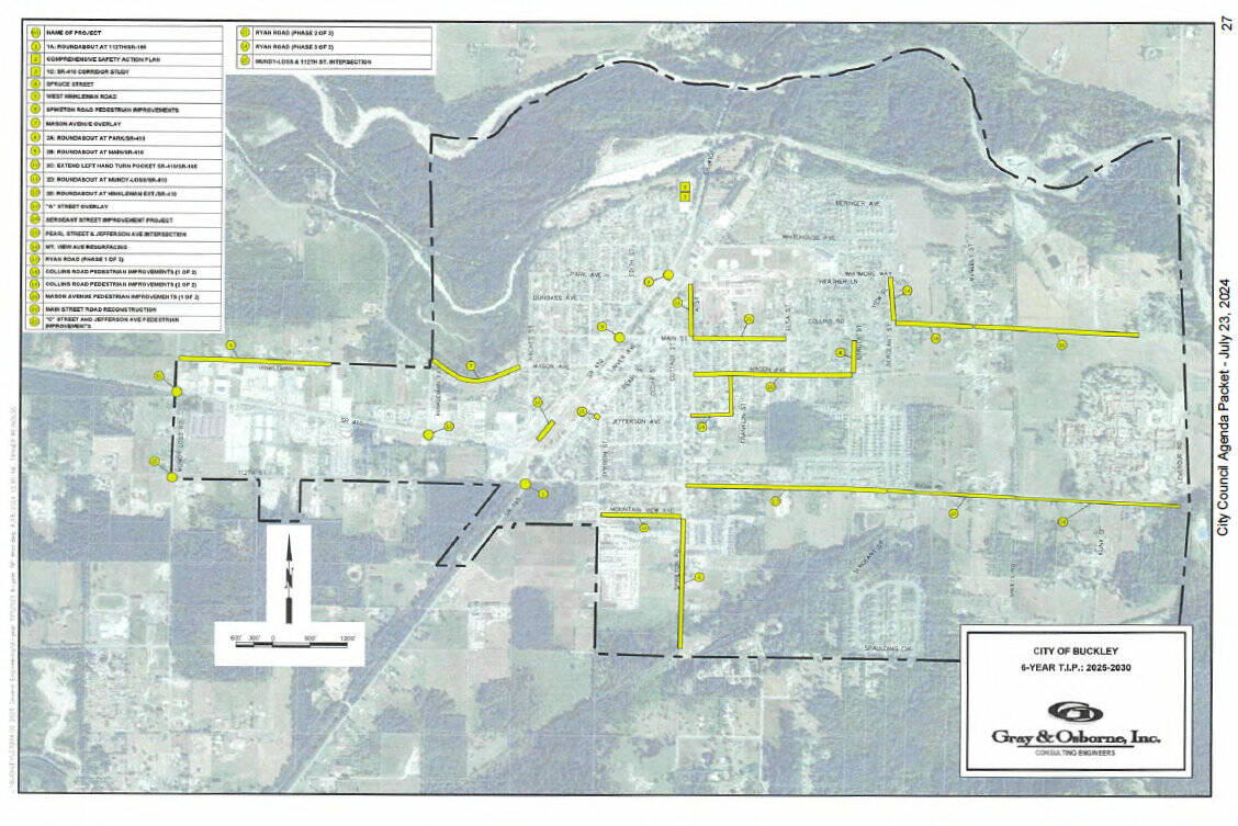 A map showing where proposed transportation projects could take place in Buckley in the next six years — if the city can secure grant funds. Image courtesy city of Buckley