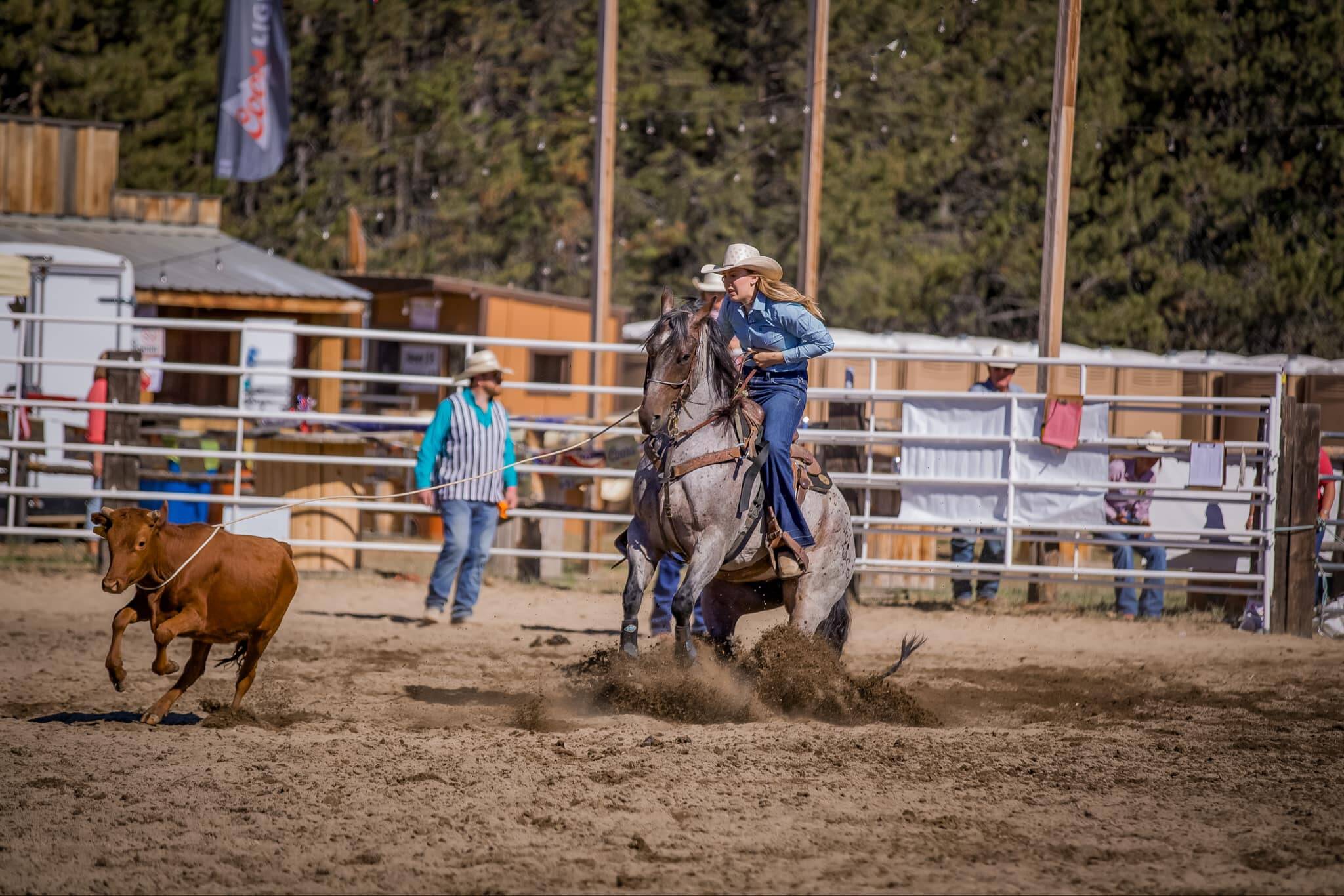 Photo by Gator Glass Photography
Krystal Pennington making a successful breakaway at a rodeo in La Pine, Oregon.