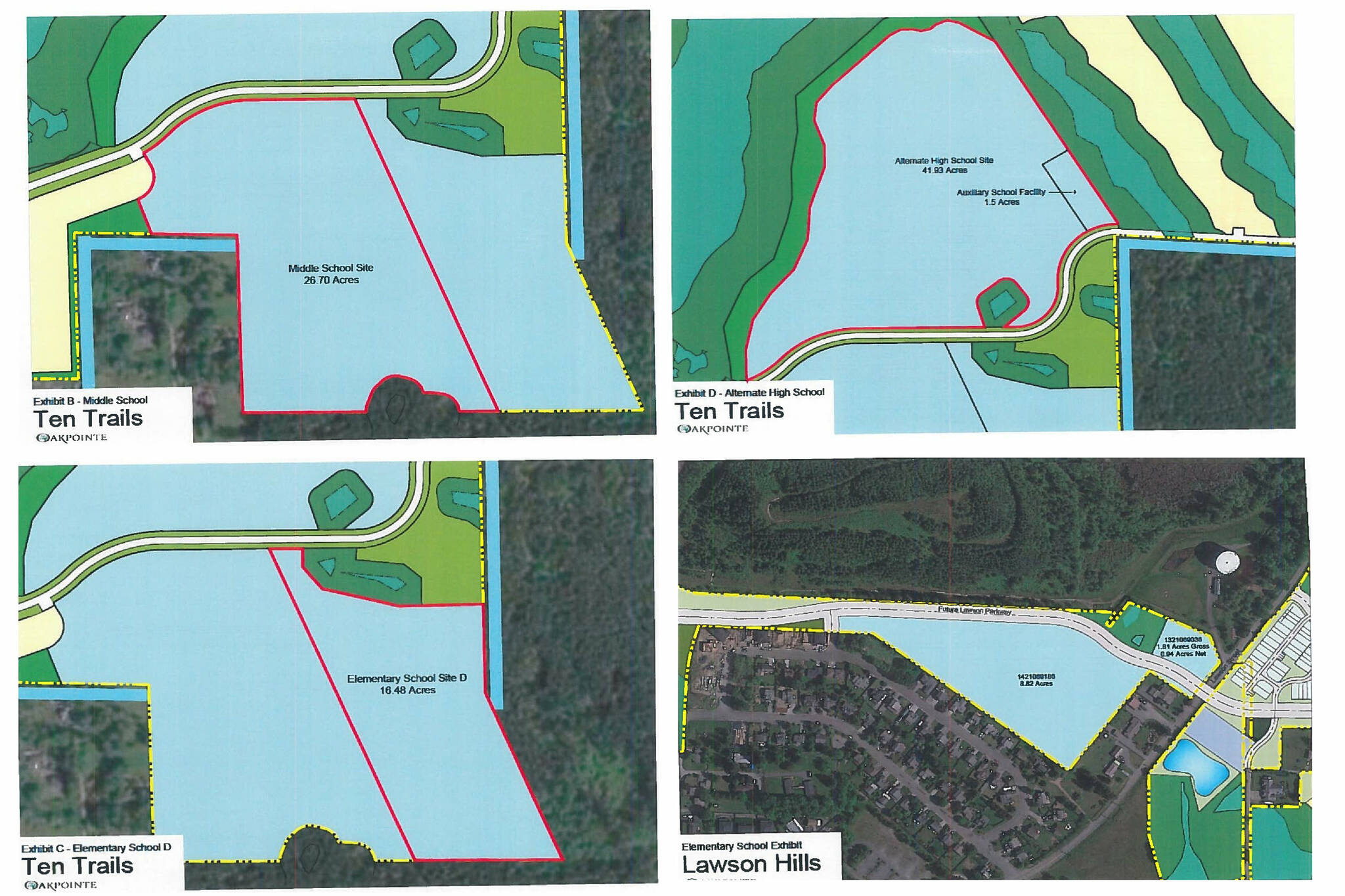 These pieces of land inside the Ten Trails and Lawson Hills developments, currently set aside for Enumclaw School District schools, could be sold to Oakpointe in order to fund a new elementary. Images courtesy Enumclaw School District