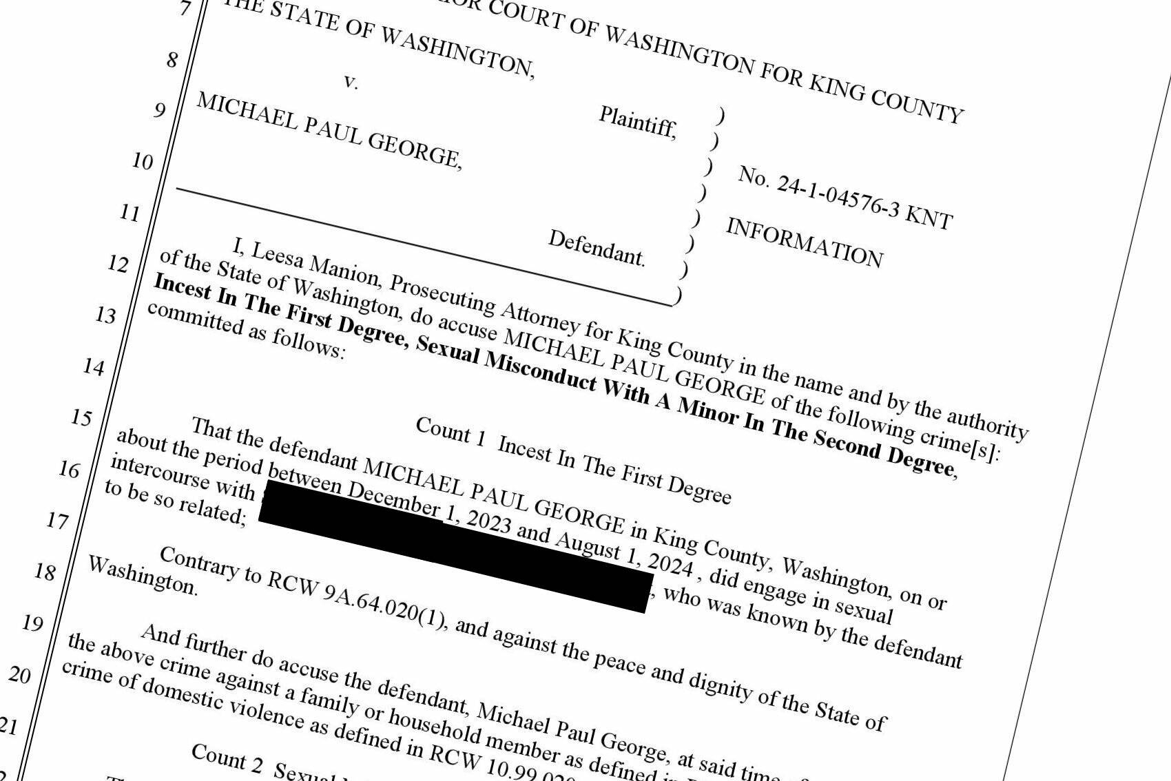 Michael George has been officially charged with incest in the first degree and two counts of second degree sexual misconduct with a minor. Screenshot