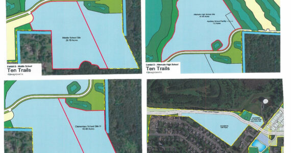 These pieces of land inside the Ten Trails and Lawson Hills developments, currently set aside for Enumclaw School District schools, could be sold to Oakpointe in order to fund a new elementary. Images courtesy Enumclaw School District