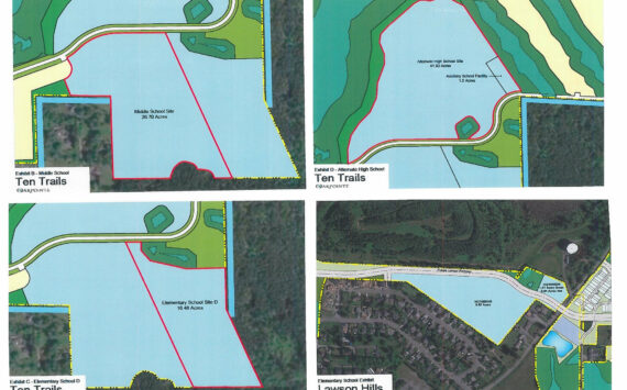 These pieces of land inside the Ten Trails and Lawson Hills developments, currently set aside for Enumclaw School District schools, could be sold to Oakpointe in order to fund a new elementary. Images courtesy Enumclaw School District