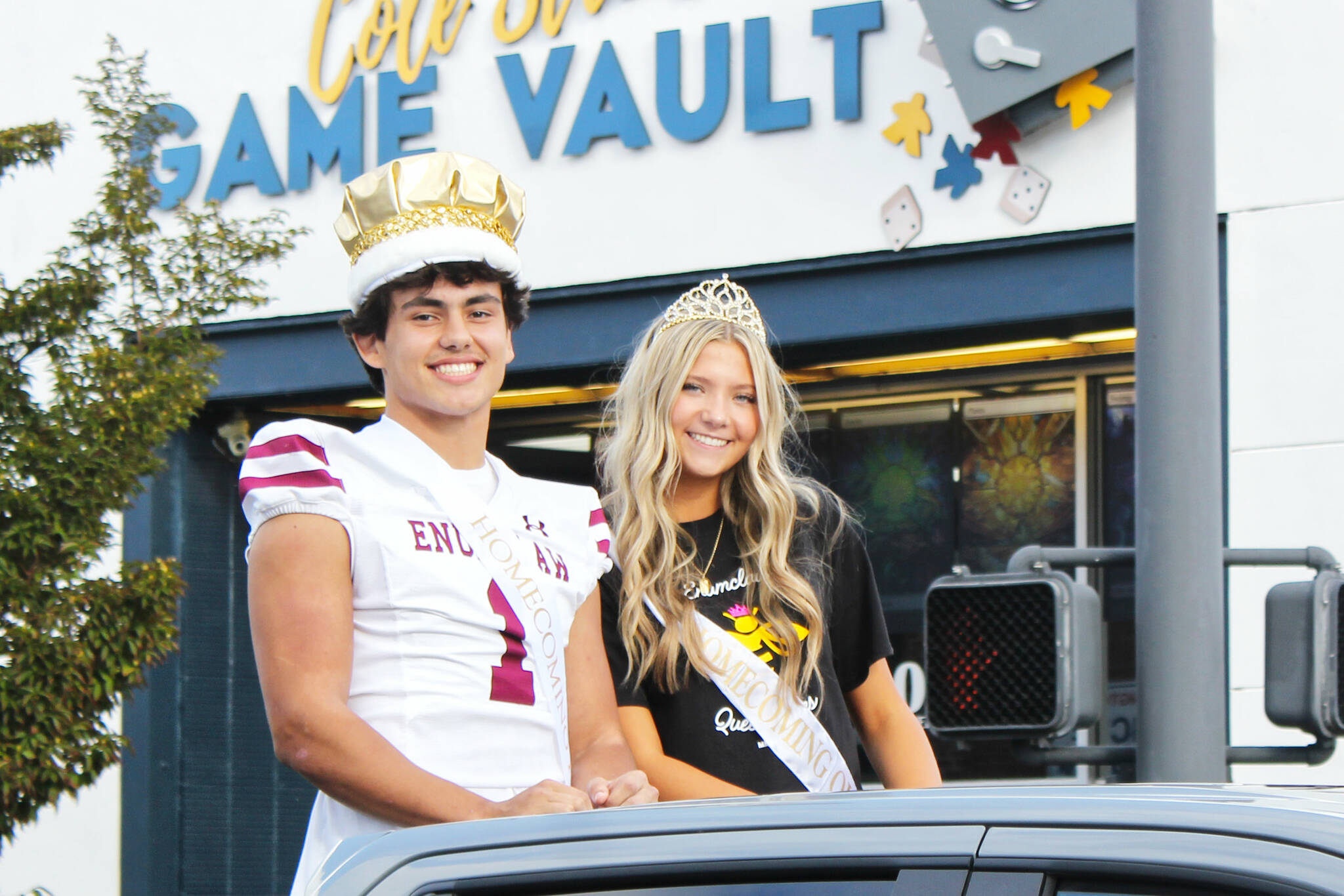 Downtown Enumclaw closed last Friday for the annual Homecoming Parade, featuring floats put together by the classes of 2025 through 2028 and Homecoming royalty, including Queen Ellie Trulson and King Cooper Rodarte. Also pictured is Manual Guitron (No. 53) and Porter Rodarte on the EHS Hornet Football float. Photos by Ray Miller-Still