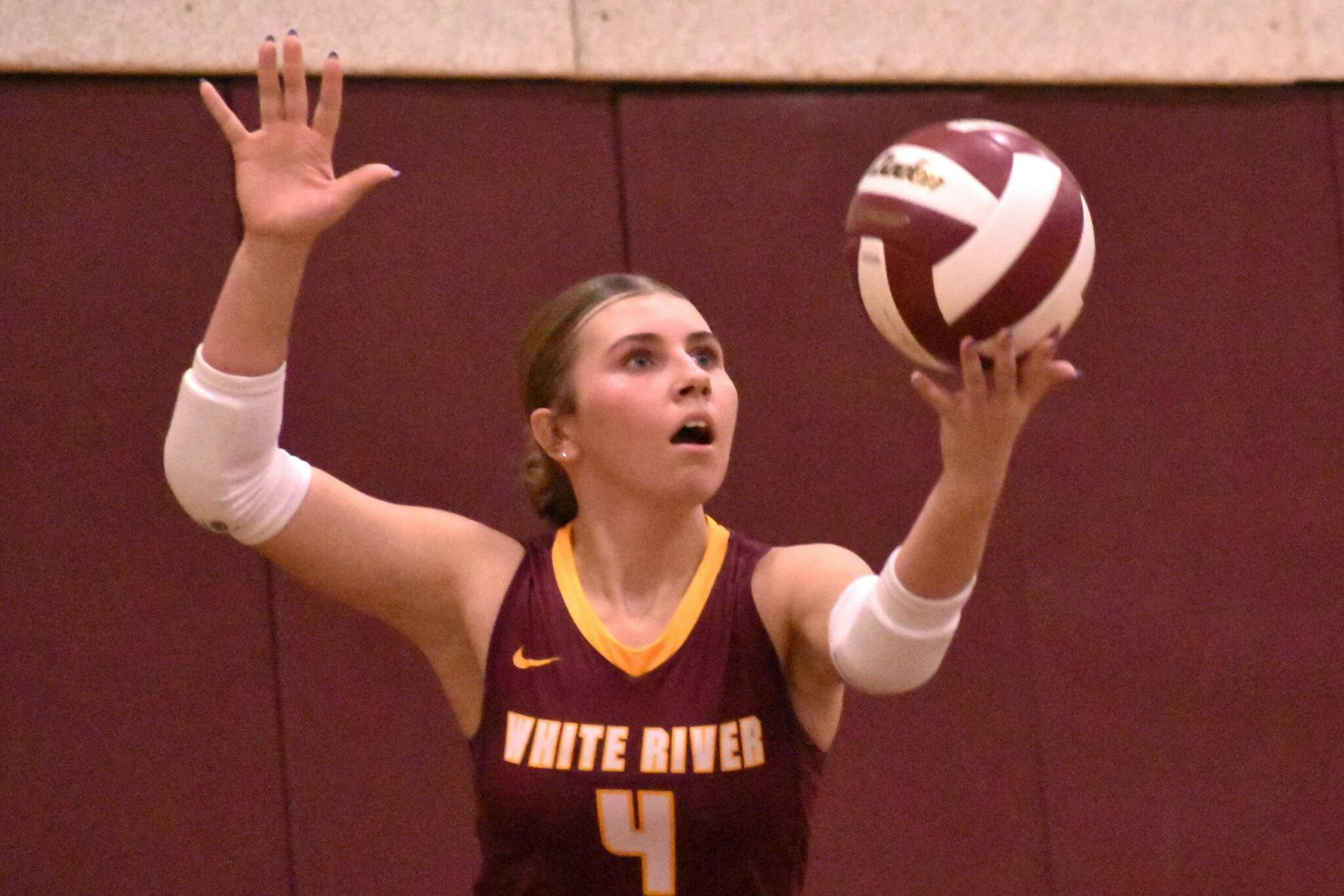 Hornets from both sides of the county line gathered the evening of September 24 to stage the volleyball version of the Battle of the Bridge. The teams from Enumclaw and White River squared off in EHS’s Chuck Smith Gym, both sporting undefeated records. It was the Buckley swarm of Hornets who secured bragging rights with a three-set victory (see Sports Roundup for details). In this photo, White River’s Taylor Arnold prepares to launch a second-set serve. Photo Kevin Hanson