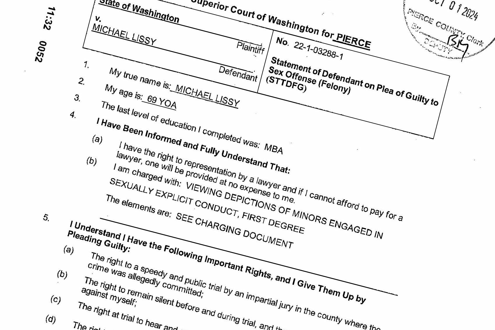 Michael Lissy pleaded guilty to one count of viewing depictions of minors engaged in sexually explicit conduct on Oct. 1, almost two years after he was arrested. Screenshot