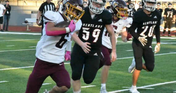 Hornet Hunter Maris runs for big yardage against the Falcons and linebacker. For more information about how local football teams performed, head to <a href="https://www.courierherald.com/sports/ehs-wrhs-continue-to-bulldoze-through-npsl-3a-teams/" target="_blank">EHS, WRHS continue to bulldoze through NPSL 3A teams</a>. Photo by Kevin Hanson