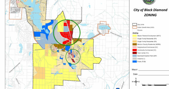 The city of Black Diamond’s current zoning map. The green circles point out where a marijuana retailer would be allowed to open. Image courtesy the city of Black Diamond