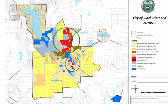 The city of Black Diamond’s current zoning map. The green circles point out where a marijuana retailer would be allowed to open. Image courtesy the city of Black Diamond