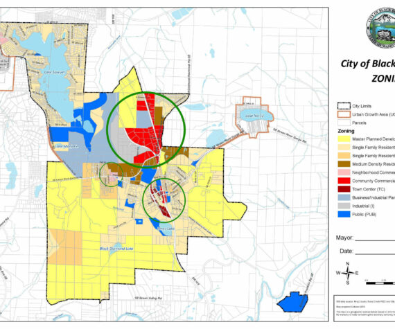 The city of Black Diamond’s current zoning map. The green circles point out where a marijuana retailer would be allowed to open. Image courtesy the city of Black Diamond