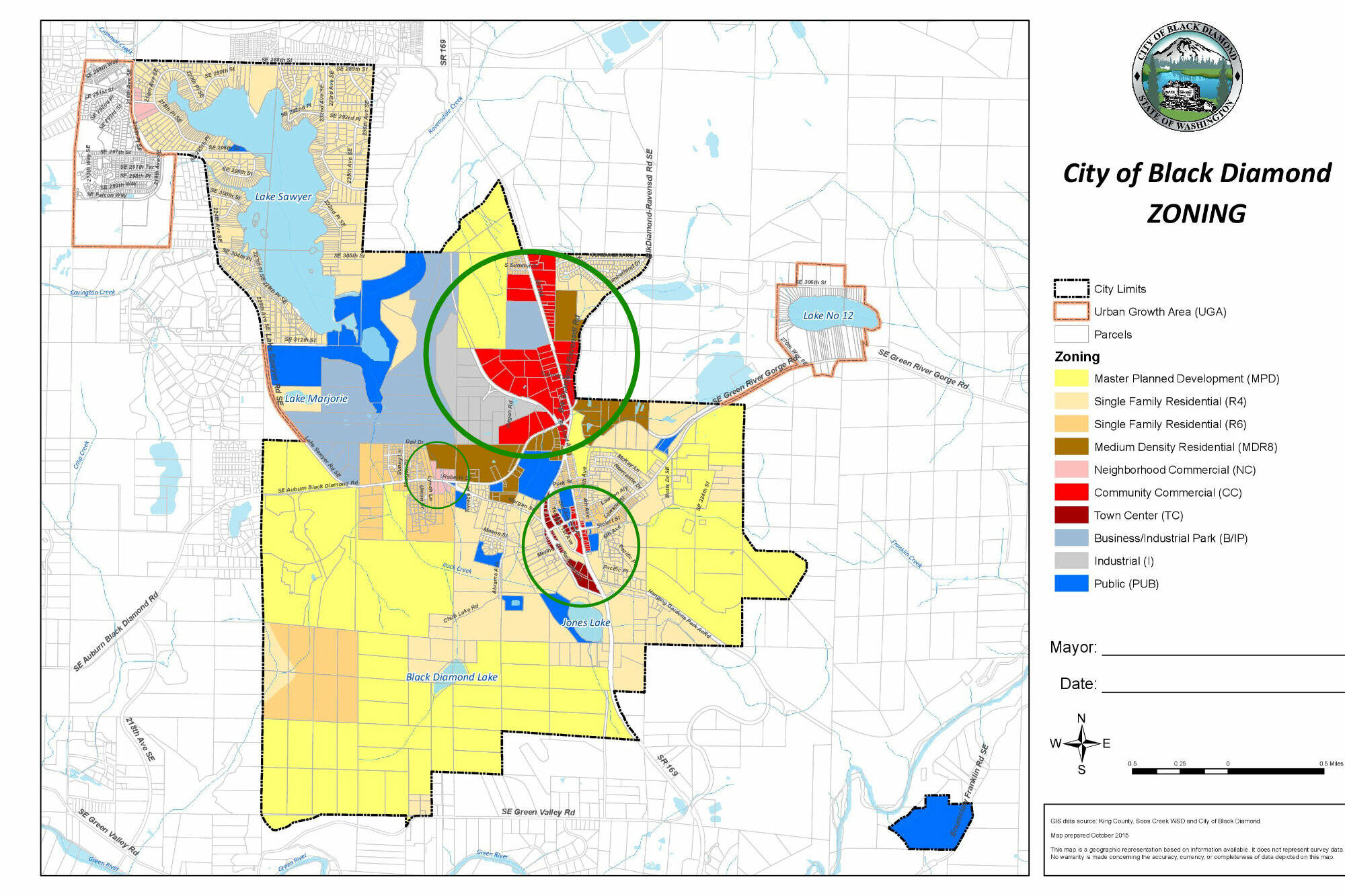 The city of Black Diamond’s current zoning map. The green circles point out where a marijuana retailer would be allowed to open. Image courtesy the city of Black Diamond