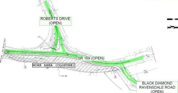 Roberts Drive in Black Diamond is now open, but lanes are shifted to the west. Image courtesy the city of Black Diamond