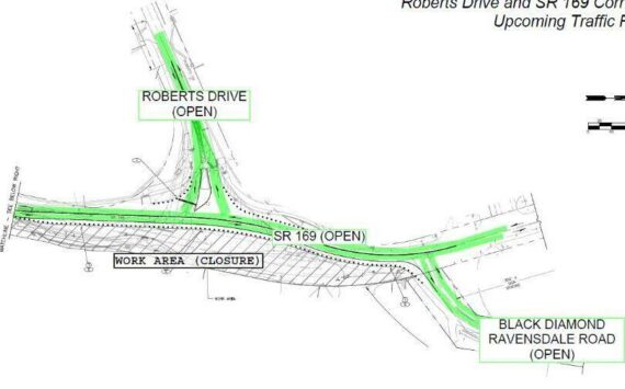 Roberts Drive in Black Diamond is now open, but lanes are shifted to the west. Image courtesy the city of Black Diamond