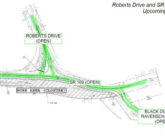 Roberts Drive in Black Diamond is now open, but lanes are shifted to the west. Image courtesy the city of Black Diamond