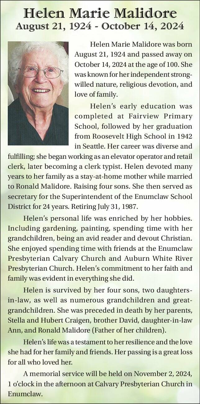 Obit for Helen Malidore