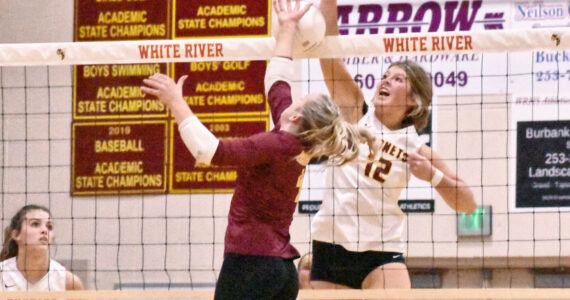 Photo by Kevin Hanson
White River and Enumclaw met for the second time this season on the volleyball court and, for the second time, it was the Buckley squad celebrating a straight-set victory. With the Oct. 24 win, White River stayed perfect in league play (14-0) while Enumclaw remained a step back (11-2) in the 3A North Puget Sound League standings. In this photos WR standout Kianna Rohner (#12 in white) battles for a kill at the net.