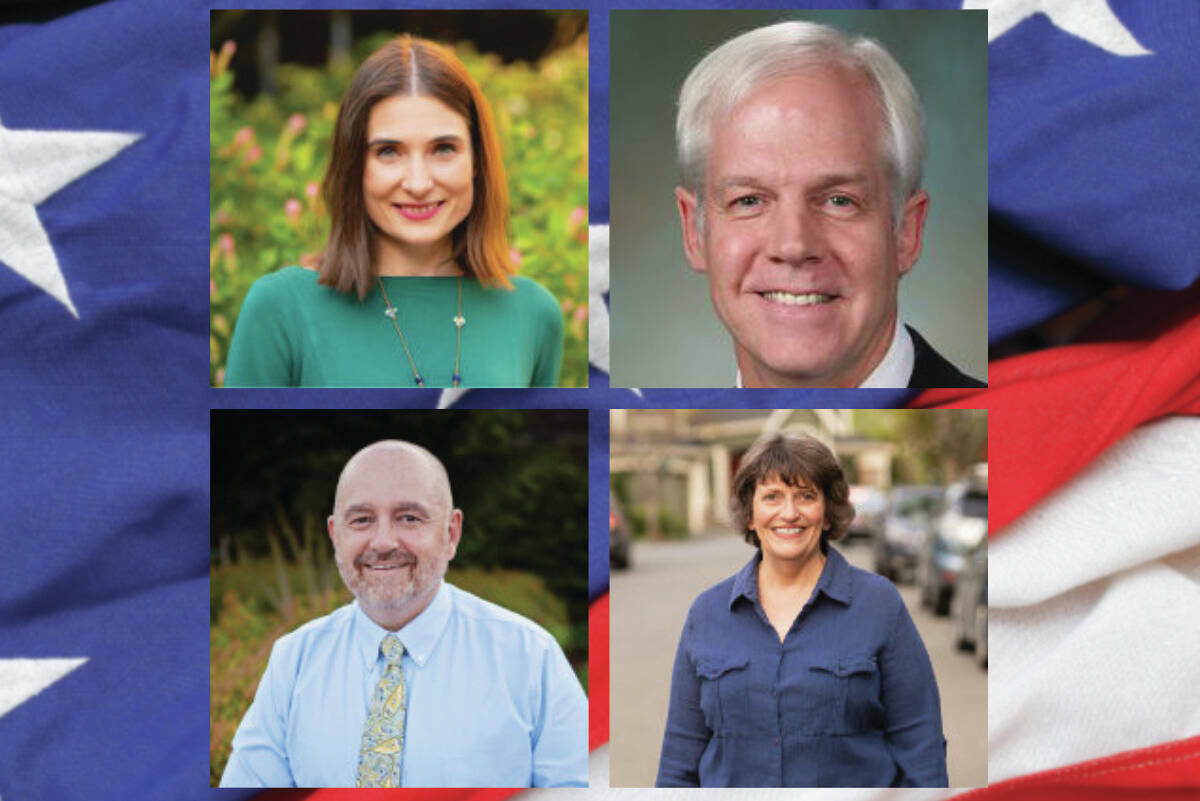 Top, candidates Victoria Hunt (D) and Mark Hargrove (R); bottom, candidate Patrick Peacock (R) and Rep. Lisa Callan (D).