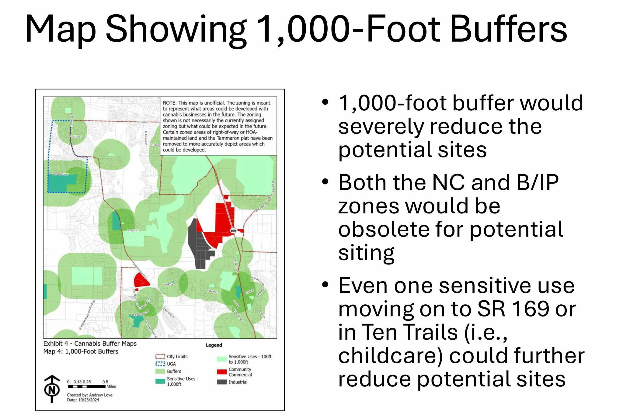 This image shows how a 1,000-foot barrier would affect marijuana business spaces. Images courtesy the city of Black Diamond