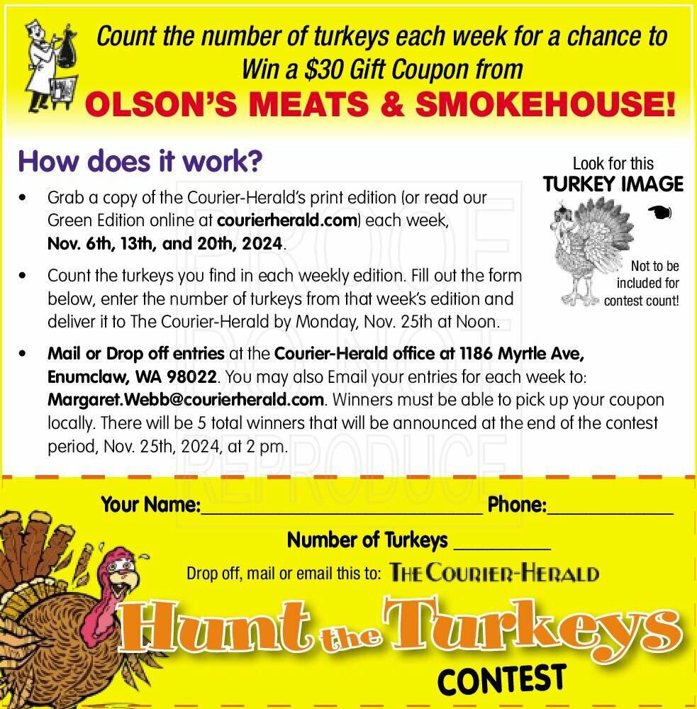 Cut this ad out, count those turkeys, and turn give your entry to us by Nov. 25 at noon!