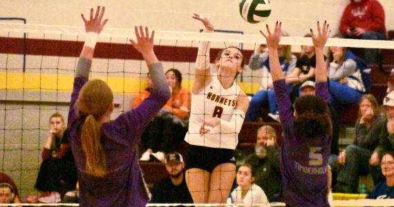 PHOTO BY KEVIN HANSON 
White River’s Marli Miller (8) blasts home a point during her team’s victory over Heritage High.