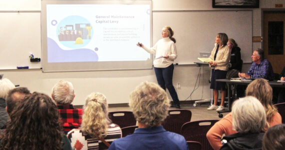 Sarah Tolbert and Cathy Dahlquist presented the Facility Oversight for Capital Utilization and Sustainability (FOCUS) Committee’s final report on Nov. 18 to the Enumclaw School District Board of Directors and a couple dozen attendees. Photo by Ray Miller-Still