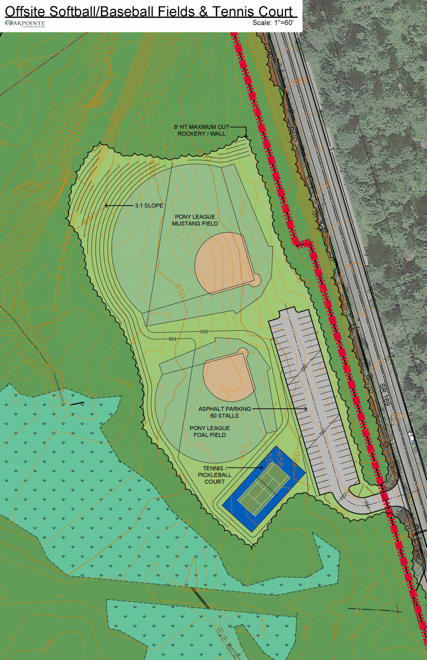 Oakpointe is currently required to build two ballfields and a tennis court off SR 169, north of the city. The company has proposed paying the city of Black Diamond a fee of $1.8 million to not build these facilities, as it does not believe this area is a good place to build these sports fields. For a full image, scroll down. Image courtesy Oakpointe