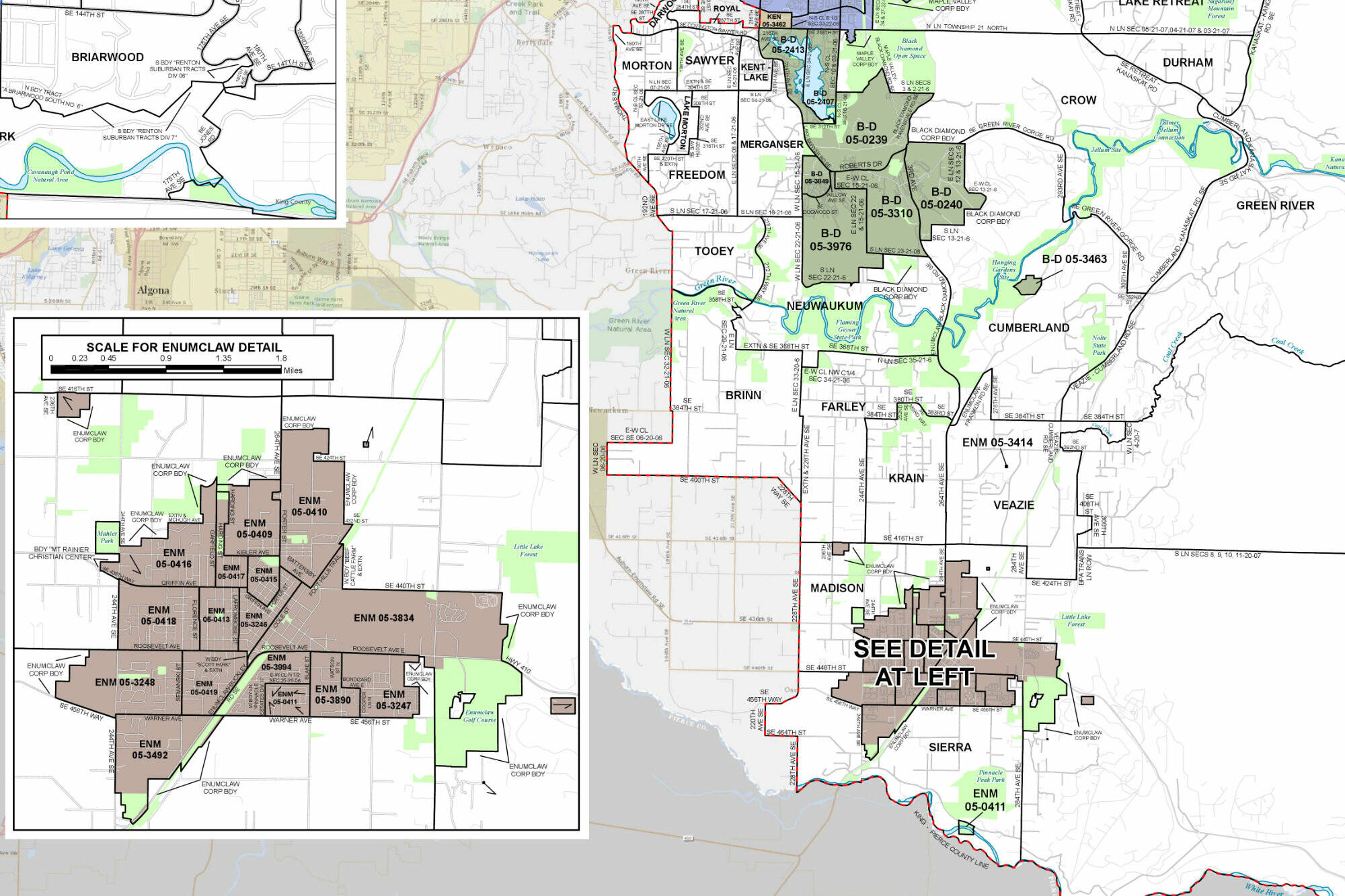 This map shows the voting precincts in the cities of Enumclaw and Black Diamond, plus the ones in unincorporated King County. Image courtesy King County