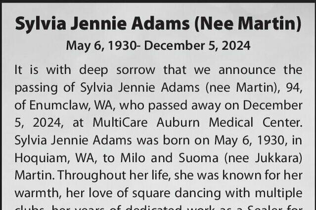 Obit for Sylvia Adams